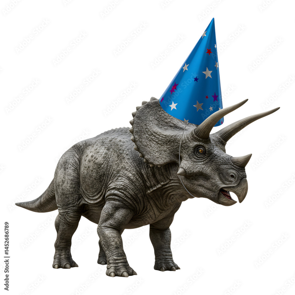 Fototapeta premium Toy triceratops wearing a starry blue hat.