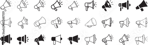 Megaphone Icon Set – Bullhorn, Loudspeaker, Communication, Announcement, Media, Promotion, Marketing, Alert, Broadcast, Voice, Alarm, Protest, Strategy, Advert, Shout, Campaign, Speaker Symbols
