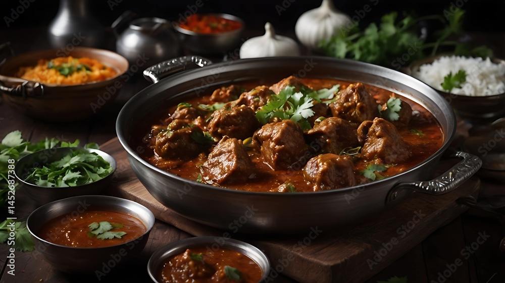 Traditional Mutton Curry in Spicy Gravy with Garnish and Sides Traditional Mutton Curry in Spicy Gravy with Garnish and Sides