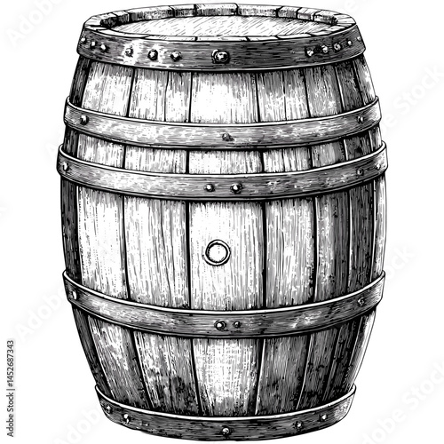 Old engraving style wooden barrel sketch, black ink vintage vector, retro cask drawing, rustic wine container, aged wood keg, classic brewery illustration, hand-drawn storage,