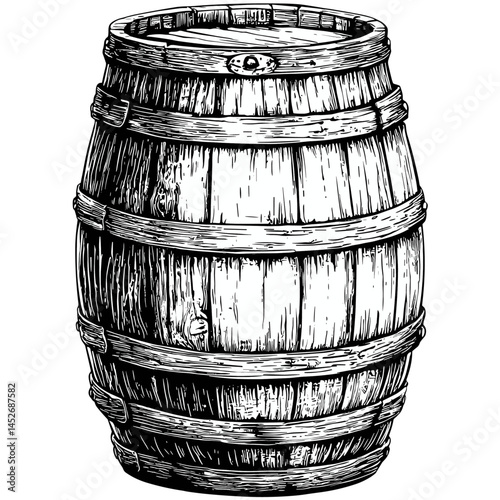 Vintage woodcut engraving, wooden barrel illustration, black sketch, old style vector art, retro container drawing, antique storage, rustic cask, detailed etching, farm element,