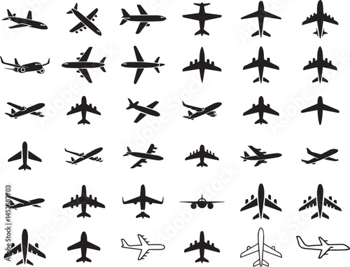 Big collection set of airplane silhouette icon set on white background
