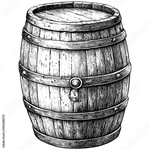 Old wooden barrel, vintage black sketch, rustic vector engraving, antique storage illustration, woodcut style container, traditional winery barrel, cellar decor,