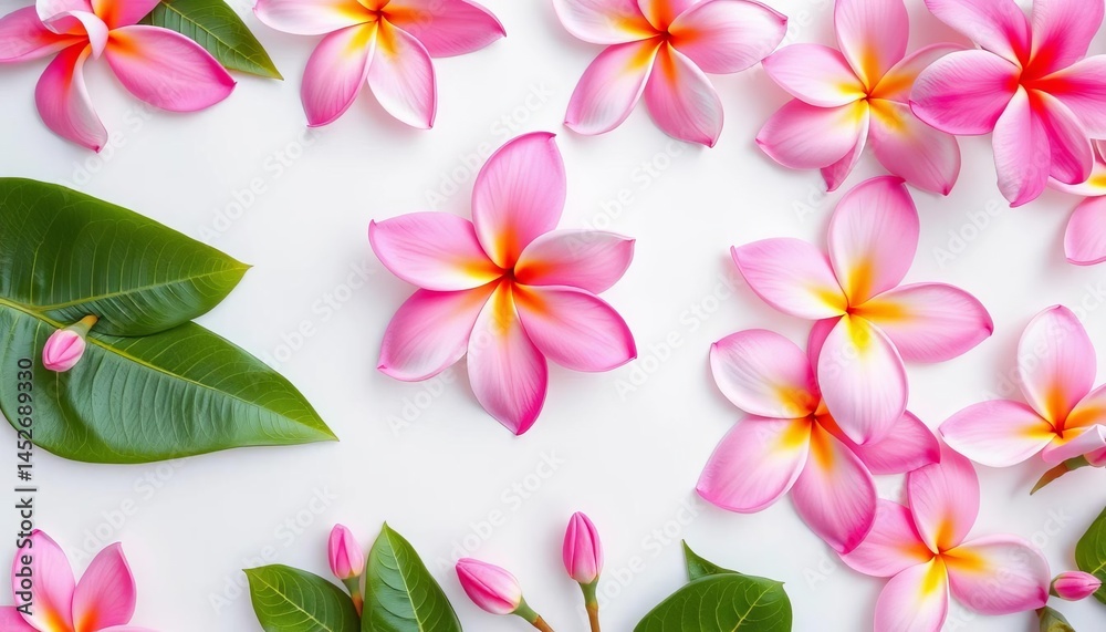 Fototapeta premium Delicate pink frangipani blossoms arranged flat lay on a light background, postcard style, photography, fragrance