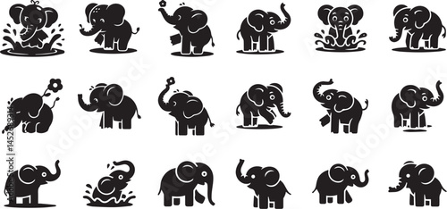 Cute baby elephant collection set vector silhouette on white background