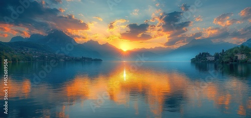 Majestic Sunset over Serene Mountain Lake