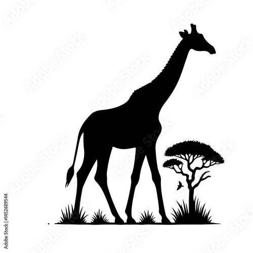 Giraffe Silhouette with Tree for Wildlife and Nature Design