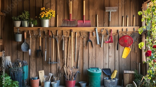 Man's arm takes lawn and leaf rake off wooden wall with various hanging DIY garden tools inside shed. Tools include shovel, hammer, fork, trowel, spirit level measure, saw etc. 