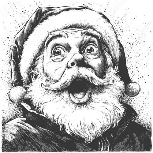 Santa Claus amazed expression, vintage woodcut vector, retro sketch style, hand drawn Christmas icon, traditional holiday art, monochrome line illustration, festive season figure