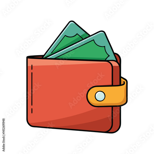 Wallet with money vector illustration, leather wallet holding cash and currency bills for finance, savings, payment