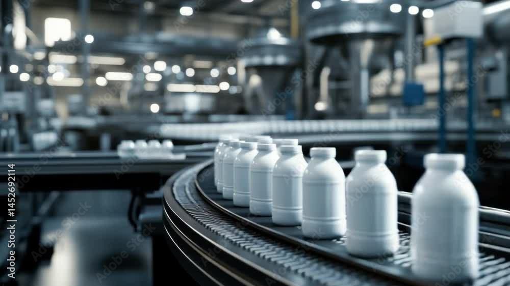 Bottles Moving on Conveyor Belt in Modern Production Facility for Dairy Products and Beverages Bottles Moving on Conveyor Belt in Modern Production Facility for Dairy Products and Beverages