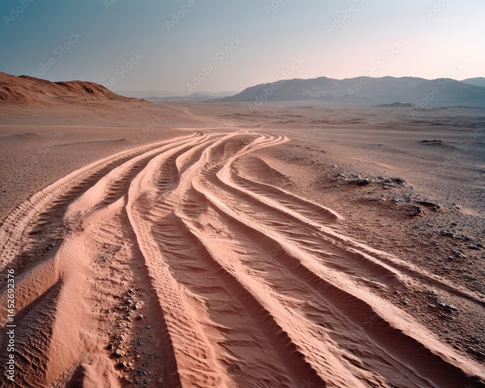 Fototapeta premium Mars Exploration Aesthetic Cinematic Rover Tracks Unveiling Cosmic Frontiers - Next-Gen Space Technology and Planetary Discovery Narrative