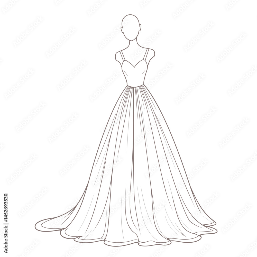 Fototapeta premium Wedding dress sketch, line art, neutral tones, for fashion design