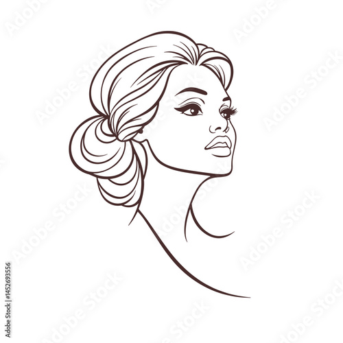 Woman's face profile, elegant line art, brown tones, for beauty branding