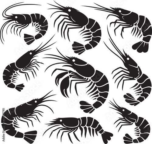Simple shrimp silhouette vector set, shrimp fish icon art on a white background