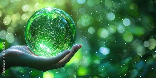 Green microcosm shimmering inside hand-blown glass photo