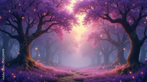 High-resolution stock photo of an enchanting fairytale forest at dusk, featuring majestic purple trees with delicate, wispy branches and intricate trunks