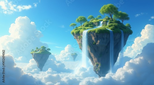 Vibrant, high-resolution stock photo of majestic giant floating islands suspended in the sky, set against a dramatic, wispy cloud-filled blue horizon, in a fantastical, mystical world