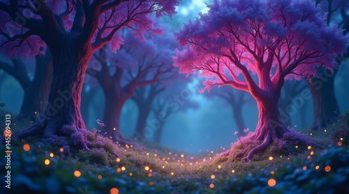 High-resolution stock photo of an enchanting fairytale forest at dusk, featuring majestic purple trees with delicate, wispy branches and intricate trunks
