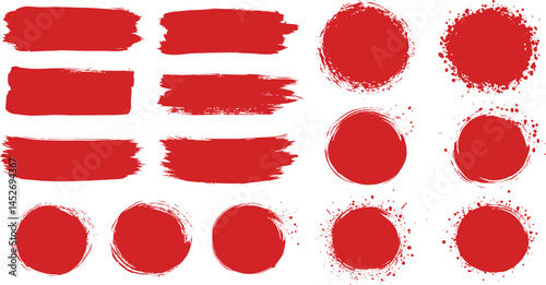 Straight red ink vector lines pack. Bloody color long and round hand-drawn brushstroke text highlights, frames, circles