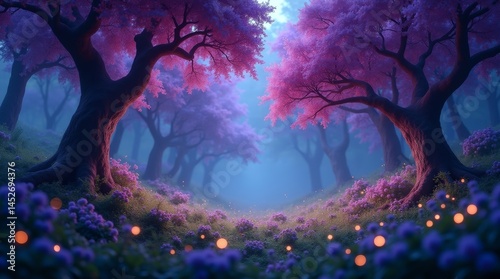High-resolution stock photo of an enchanting fairytale forest at dusk, featuring majestic purple trees with delicate, wispy branches and intricate trunks