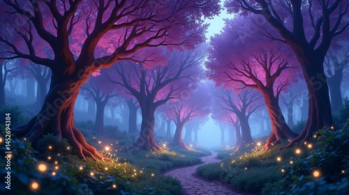 High-resolution stock photo of an enchanting fairytale forest at dusk, featuring majestic purple trees with delicate, wispy branches and intricate trunks