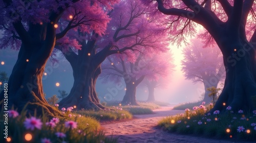 High-resolution stock photo of an enchanting fairytale forest at dusk, featuring majestic purple trees with delicate, wispy branches and intricate trunks