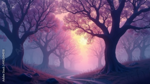 High-resolution stock photo of an enchanting fairytale forest at dusk, featuring majestic purple trees with delicate, wispy branches and intricate trunks