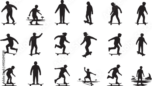 Man with skateboard vector silhouette collection set