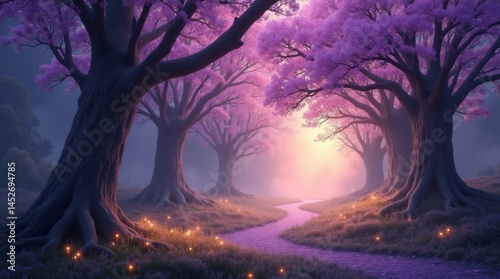 High-resolution stock photo of an enchanting fairytale forest at dusk, featuring majestic purple trees with delicate, wispy branches and intricate trunks