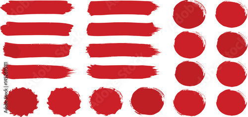 Straight red ink vector lines pack. Bloody color long and round hand-drawn brushstroke text highlights, frames, circles