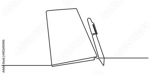 One continuous line drawing of opened book with pen. Studying book and pen for education in simple line. Lessons Learned Continuous Line Editable Icon . Editable stroke. Doodle line  illustration.