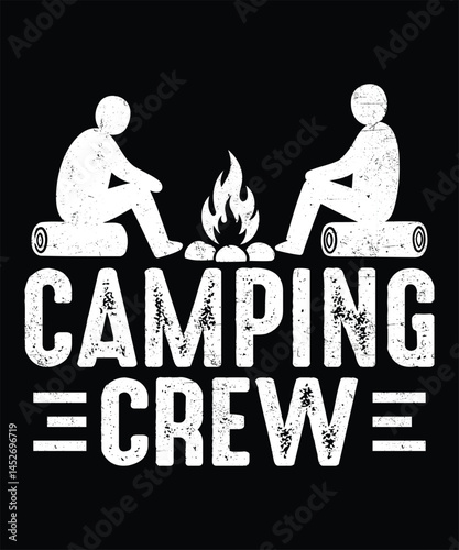 Camping Crew Campfire T-Shirt Design Vector Graphic, Black Background.