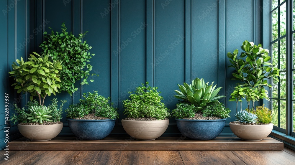 Several potted plants sit on a wooden shelf against a dark blue wall. Several potted plants sit on a wooden shelf against a dark blue wall.