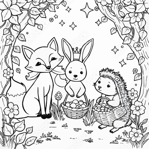 Whimsical forest creatures gather to celebrate friendship and springtime adventure in a magical clearing filled with blooms