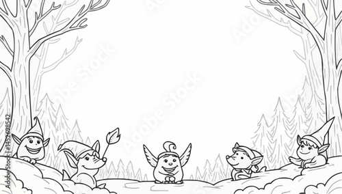 Whimsical gathering of enchanted forest sprites enjoying a joyful moment in a snowy glade under a clear winter sky