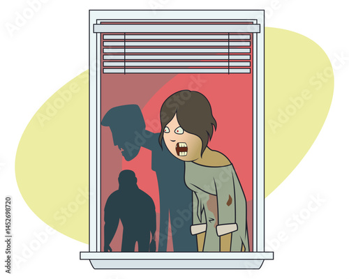 View from window of walking zombies.
