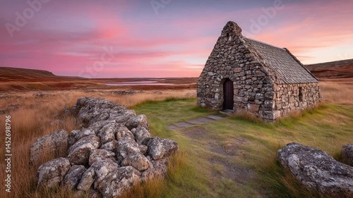  A Small Rustic Chapel In A Vast Open Field