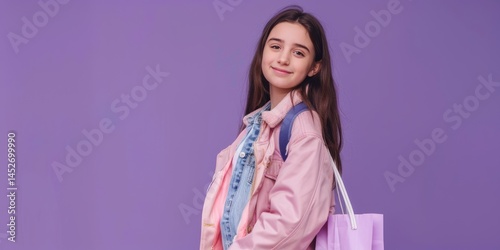 Smiling Teen Girl with Shopping Bag, Purple Background