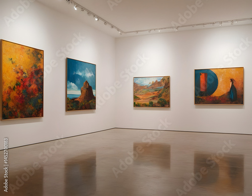 An art gallery with beautiful paintings displayed on minimalist white walls. empty hall with wall paintings, interior art gallery will wall hangings