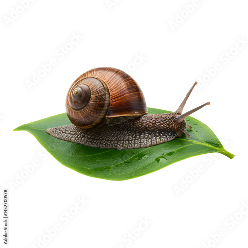Close-up of a snail resting on a green leaf on a white background photo