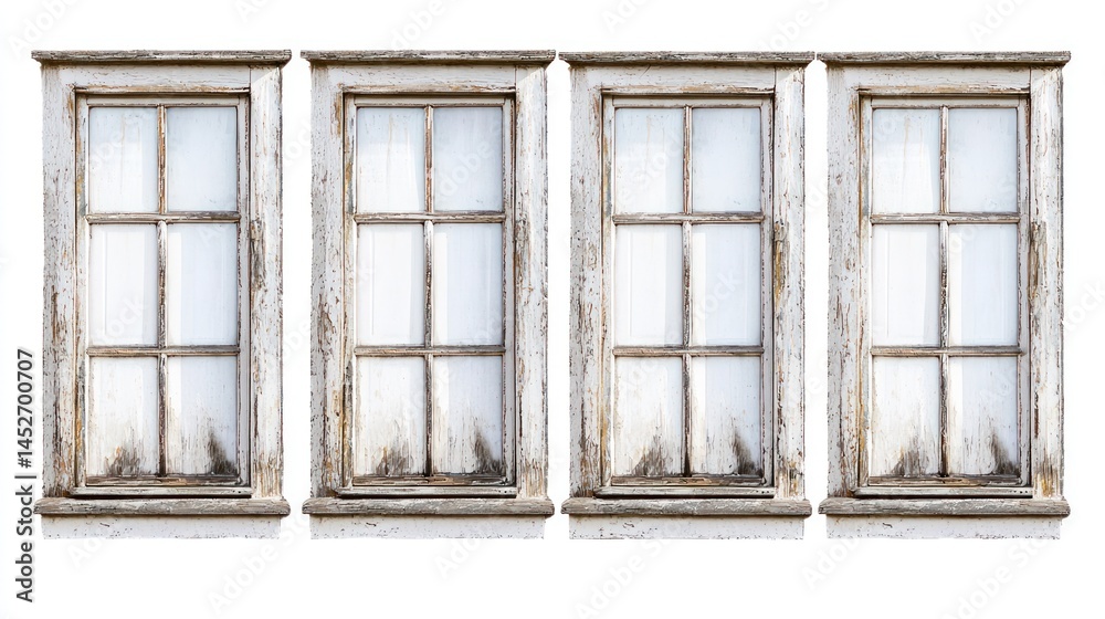 Fototapeta premium Set of four wooden windows with old-fashioned white paint on a white background.