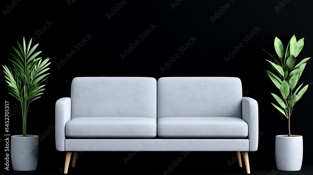 Fototapeta premium Minimalist Living Room with White Sofa and Lush Greenery Against a Dark Backdrop, Highlighting Simple Elegance.