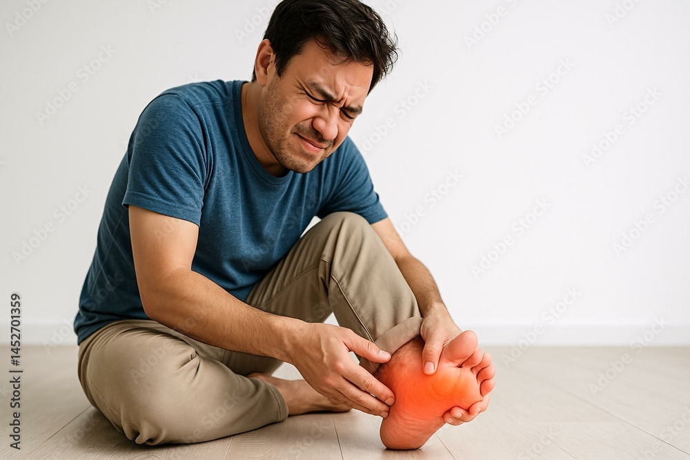 Man Experiencing Foot Pain Due to Plantar Fasciitis, Highlighted Pain Area
