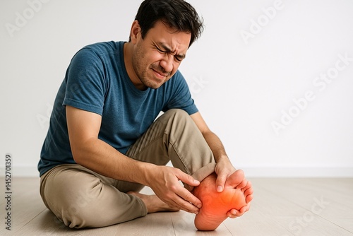 Obraz na płótnie Man Experiencing Foot Pain Due to Plantar Fasciitis, Highlighted Pain Area w salonie