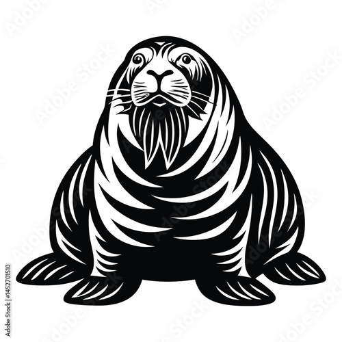 Vector illustration of walrus isolated on white background, Monochrome Walrus Sitting on the Ground