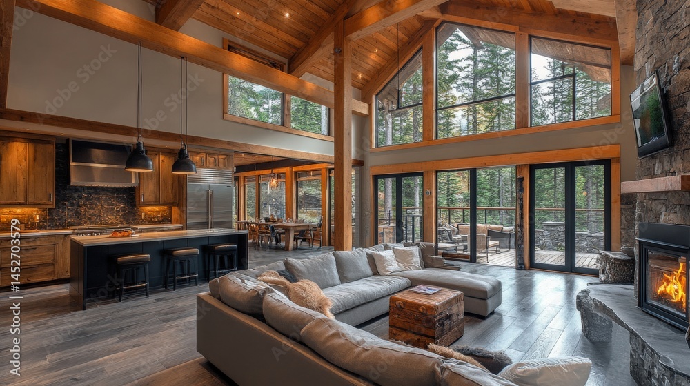 Naklejka premium Inviting interior of a modern luxury cabin with a panoramic view of nature