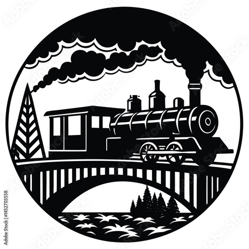 Vintage Steam Train Silhouette on Bridge - Black and White Vector Illustration