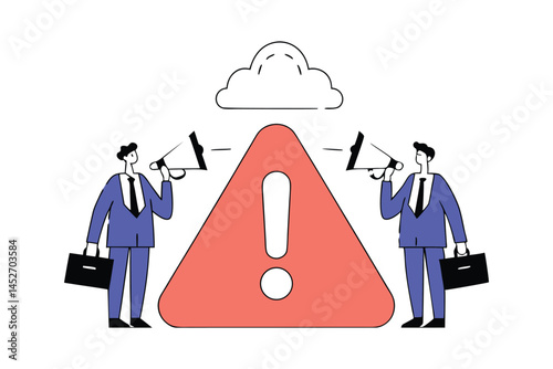 Shouting Warning Message, Caution or Alert Attention, Safety Danger Announcement, Risk Information, Businessman Shouting on Megaphone with Exclamation Sign Design Art