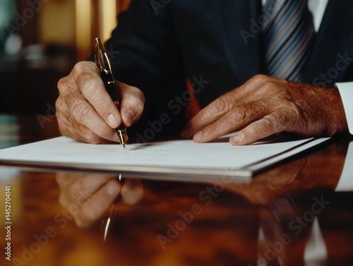 Empowering Legal Resolution Minimalist Professional Divorce Settlement Signing with Elegant Mid-Century Modern Desk Aesthetic - Transformative Life Transition Documentation